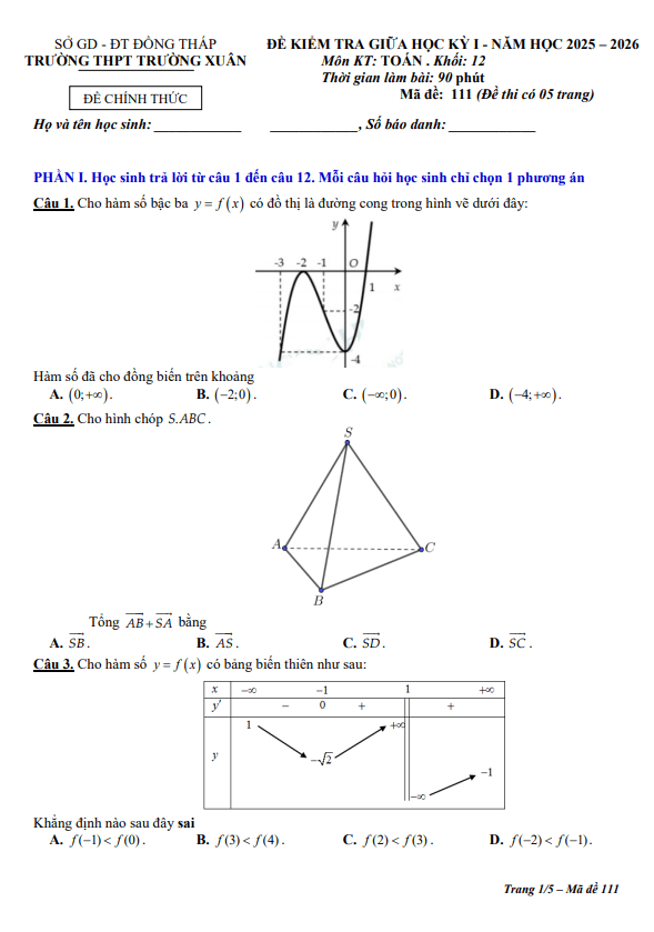 Đề giữa học kỳ 1 Toán 12 năm 2025 – 2026 trường THPT Trường Xuân – Đồng Tháp