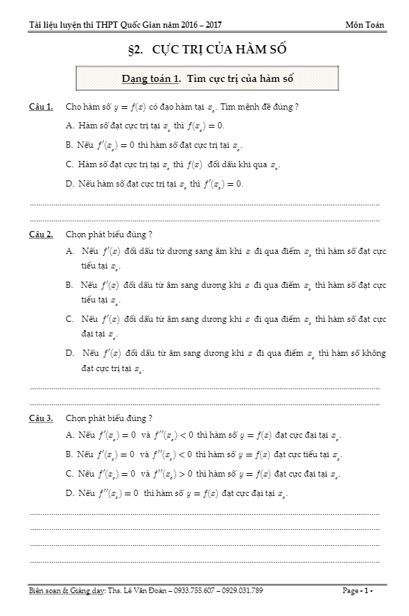 200 bài trắc nghiệm cực trị của hàm số – Lê Văn Đoàn