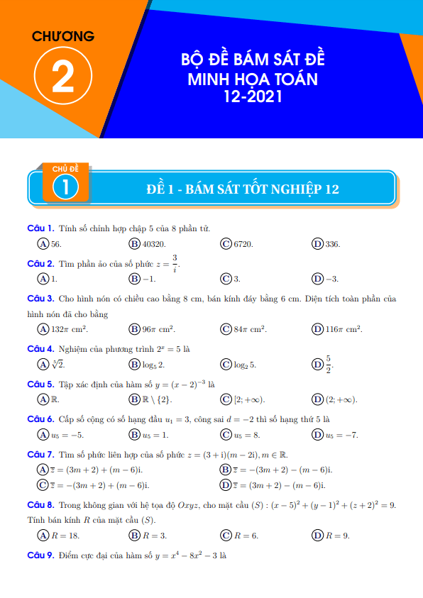 Bộ đề bám sát đề minh họa tốt nghiệp THPT 2021 môn Toán có đáp án