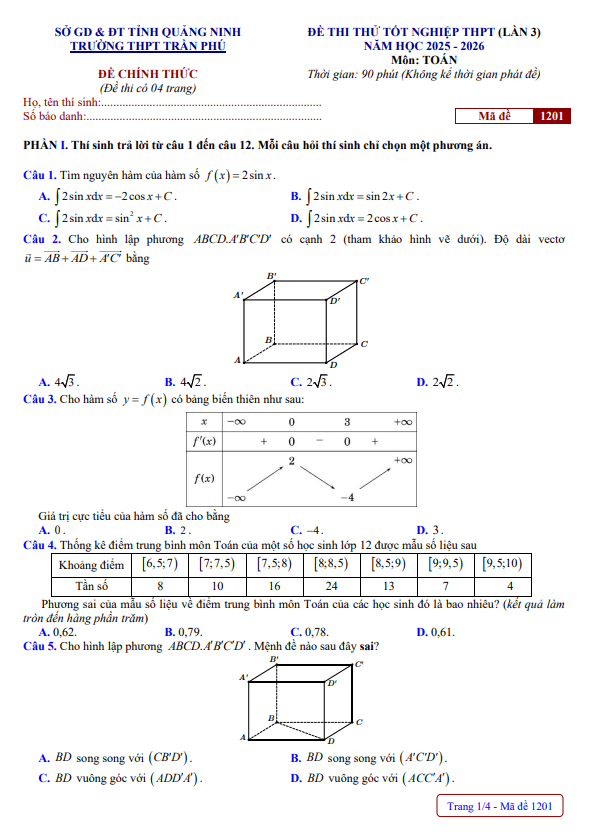 Đề thi thử TN THPT 2026 môn Toán lần 3 trường THPT Trần Phú – Quảng Ninh