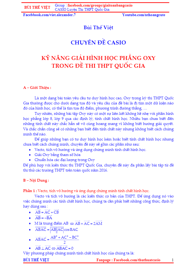 Một số phương pháp giải bài toán hình học tọa độ phẳng Oxy – Bùi Thế Việt