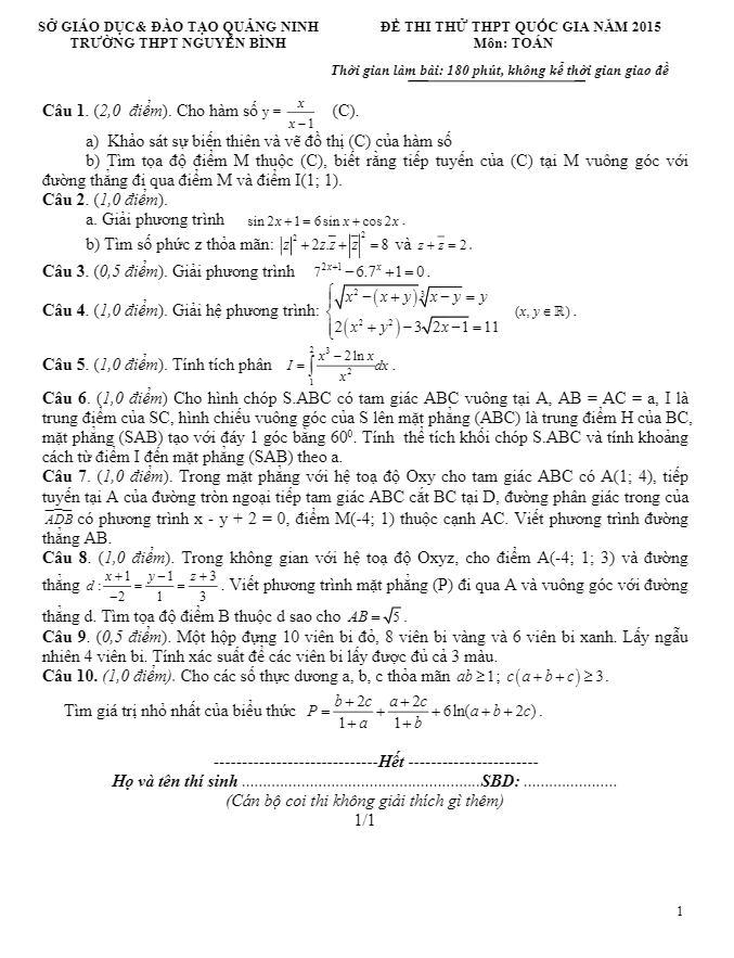 Đề thi thử THPT Quốc gia 2015 môn Toán trường Nguyễn Bình – Quảng Ninh