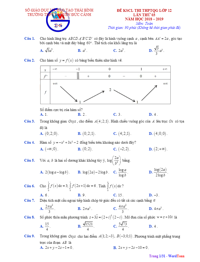 Đề thi thử Toán THPTQG 2019 lần 3 trường Nguyễn Đức Cảnh – Thái Bình