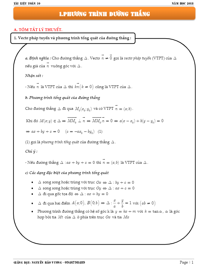 Phương trình đường thẳng Oxy – Nguyễn Bảo Vương