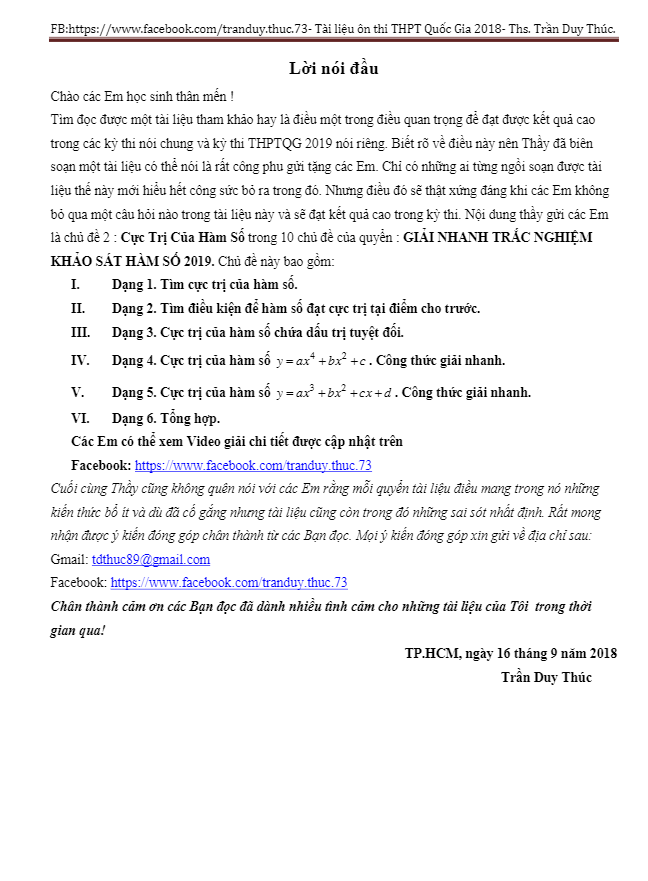 Phân dạng trắc nghiệm cực trị của hàm số (2019) – Trần Duy Thúc