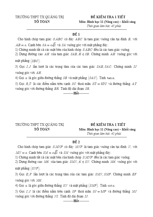 Đề kiểm tra Hình học 11 (nâng cao) chương 3 năm 2018 – 2019 trường Thị xã Quảng Trị