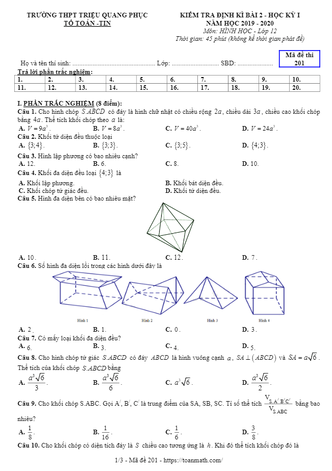 Đề kiểm tra Hình học 12 chương 1 năm 2019 – 2020 trường Triệu Quang Phục – Hưng Yên