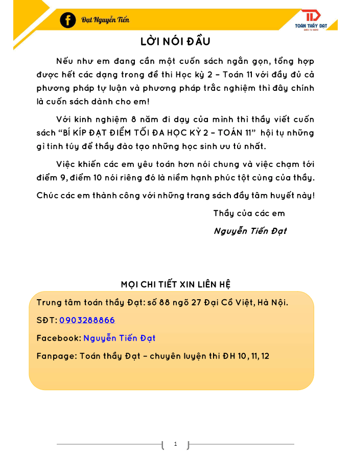 Bí kíp đạt điểm tối đa học kỳ 2 Toán 11 – Nguyễn Tiến Đạt