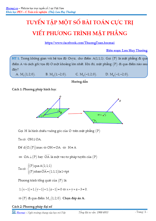 Tuyển tập một số bài toán cực trị trong hình học tọa độ không gian – Lưu Huy Thưởng