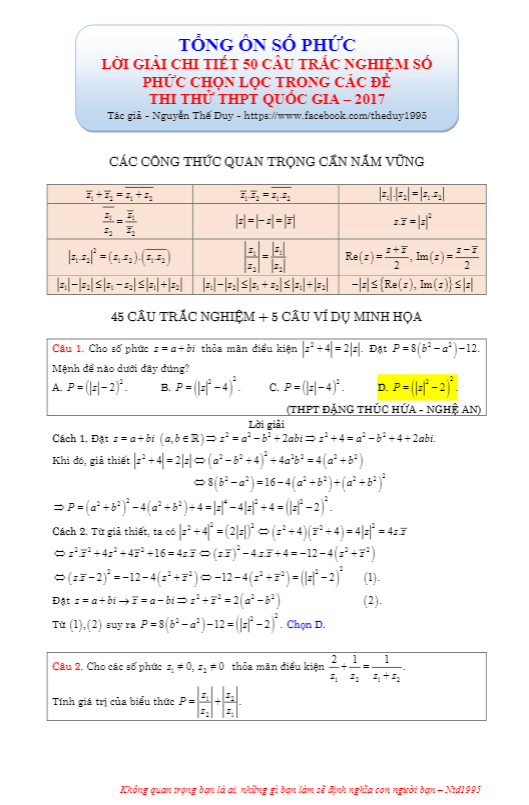 Giải chi tiết 50 câu trắc nghiệm số phức chọn lọc trong các đề thi thử – Nguyễn Thế Duy