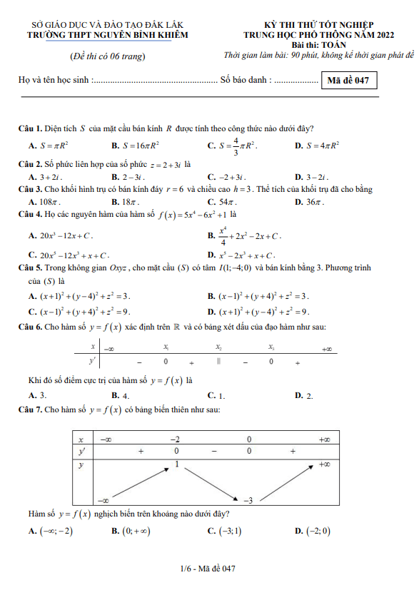 Đề thi thử Toán tốt nghiệp THPT 2022 trường Nguyễn Bỉnh Khiêm – Đắk Lắk