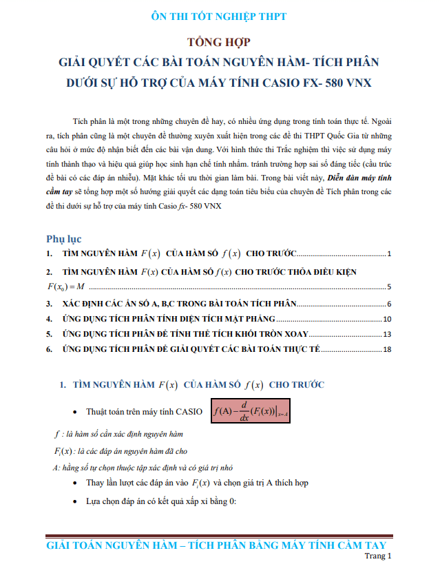 Giải bài toán nguyên hàm – tích phân dưới sự hỗ trợ của máy tính Casio FX-580 VNX