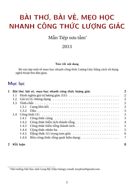 Bài thơ, bài vè, mẹo học nhanh công thức lượng giác