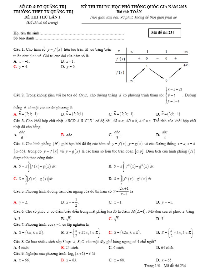 Đề thi thử Toán THPTQG 2018 trường THPT TX Quảng Trị lần 1