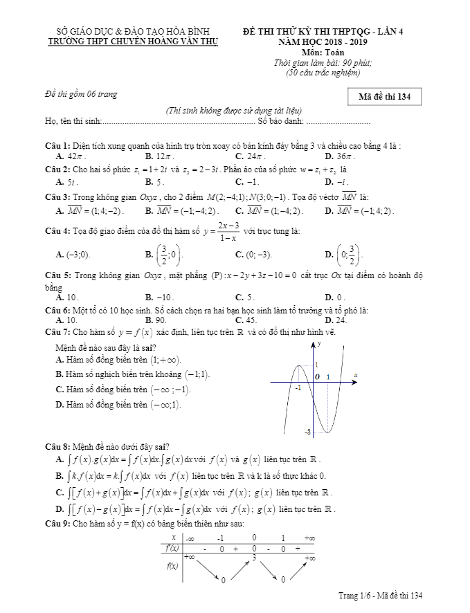 Đề thi thử Toán THPTQG 2019 lần 4 trường chuyên Hoàng Văn Thụ – Hòa Bình