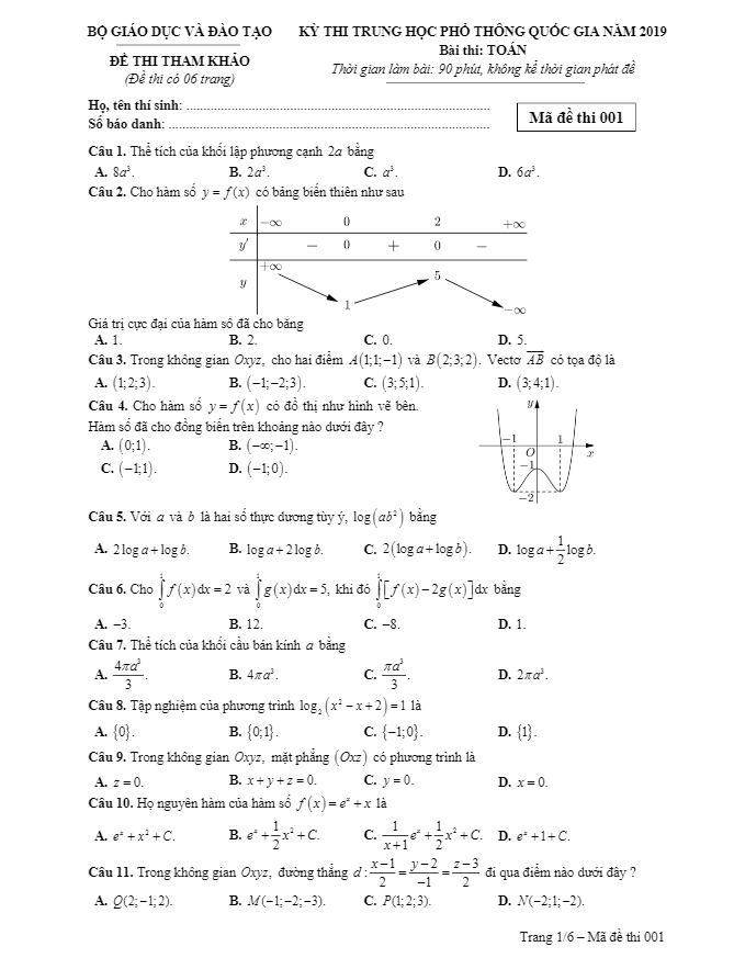 Đề thi tham khảo kỳ thi Trung học Phổ thông Quốc gia năm 2019 môn Toán