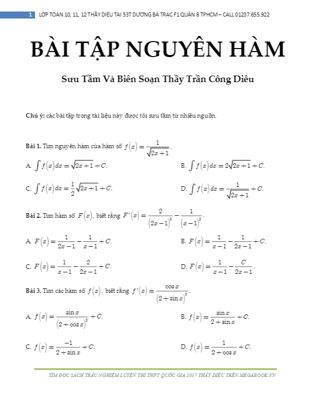 109 bài toán trắc nghiệm nguyên hàm – Trần Công Diêu
