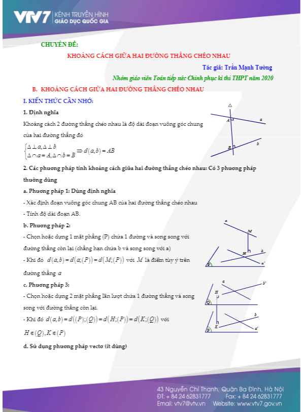 Chuyên đề khoảng cách giữa hai đường thẳng chéo nhau – Trần Mạnh Tường