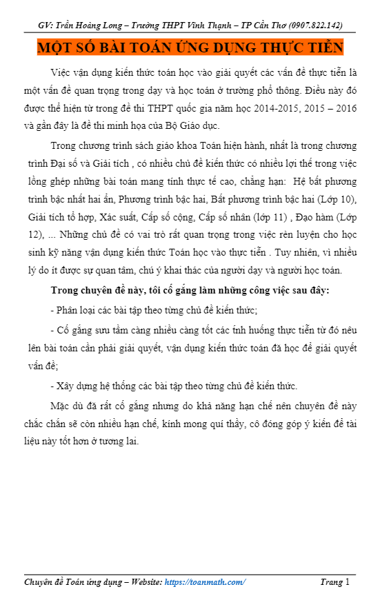 Hướng dẫn giải một số bài toán ứng dụng thực tiễn – Trần Hoàng Long