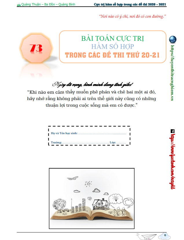 73 bài toán cực trị hàm số hợp trong các đề thi thử THPT môn Toán