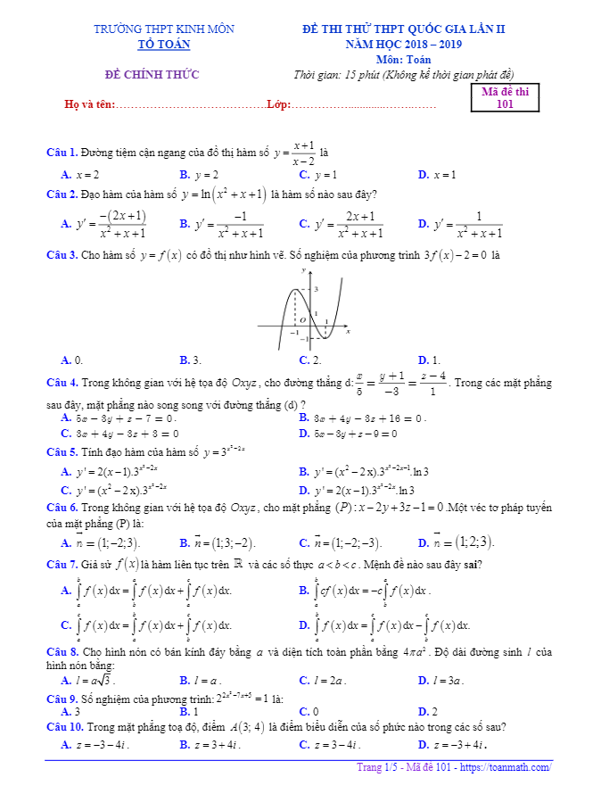 Đề thi thử Toán THPT Quốc gia 2019 lần 2 trường Kinh Môn – Hải Dương