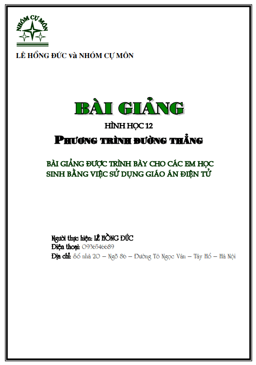 Bài giảng phương trình đường thẳng trong không gian – Lê Hồng Đức
