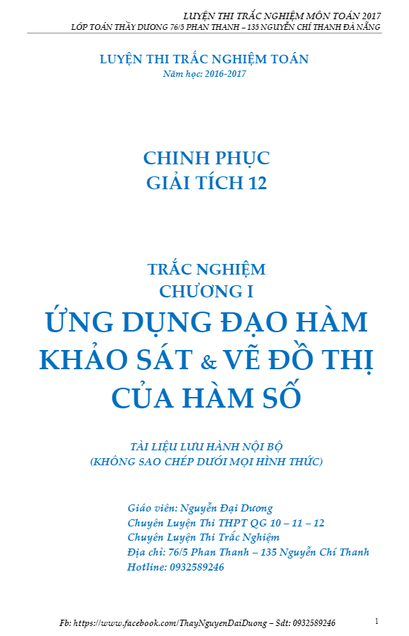 Bài tập trắc nghiệm ứng dụng đạo hàm để khảo sát và vẽ đồ thị hàm số – Nguyễn Đại Dương
