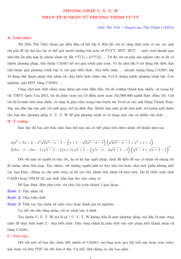Phương pháp U V T W phân tích nhân tử phương trình vô tỷ – Bùi Thế Việt