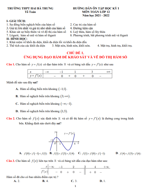Hướng dẫn ôn tập học kỳ 1 Toán 12 năm 2021 – 2022 trường Hai Bà Trưng – TT Huế