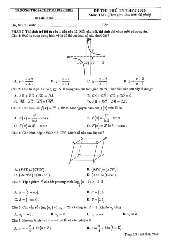 Đề thi thử tốt nghiệp THPT 2026 môn Toán trường Marie Curie – Hà Nội