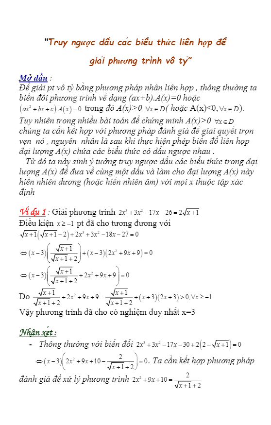 Truy ngược dấu biểu thức liên hợp để giải phương trình vô tỉ – Hương Nguyễn