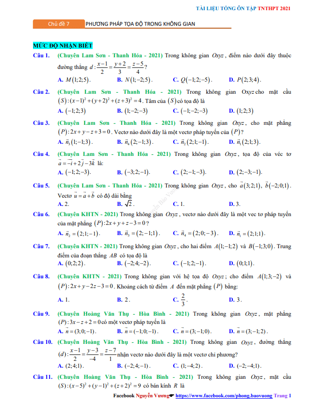 Tổng ôn tập TN THPT 2021 môn Toán: Phương pháp tọa độ trong không gian