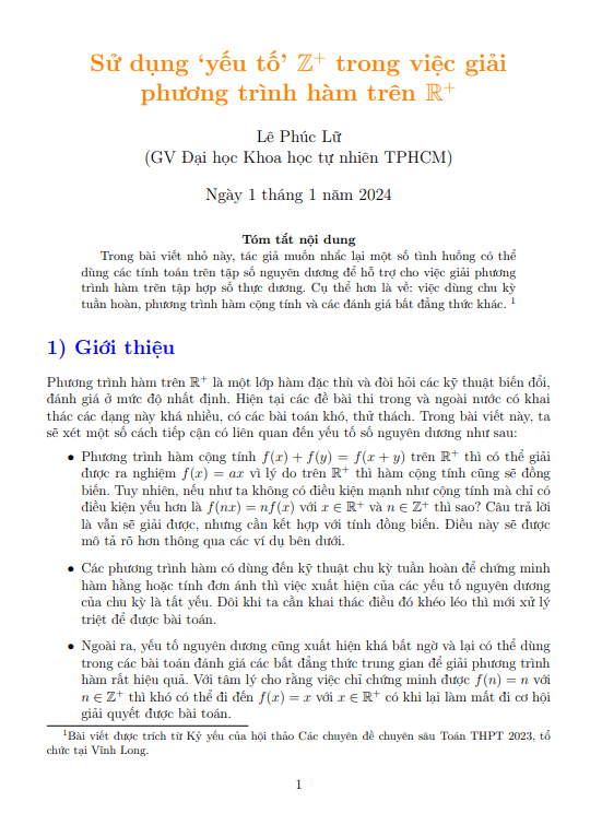Sử dụng yếu tố Z+ trong việc giải phương trình hàm trên R+ – Lê Phúc Lữ