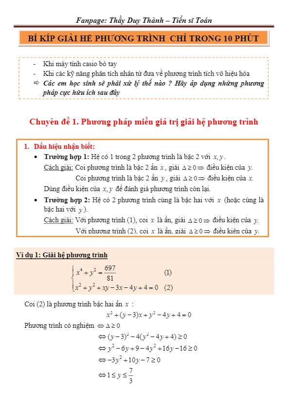 Bí kíp giải hệ phương trình chỉ trong 10 phút – Đỗ Duy Thành