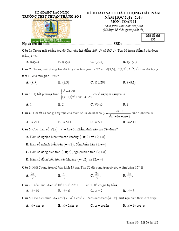 Đề KSCL đầu năm 2018 – 2019 Toán 11 trường THPT Thuận Thành 1 – Bắc Ninh