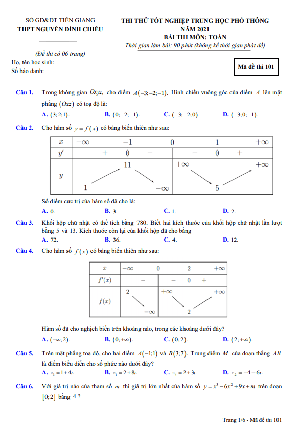 Đề thi thử Toán TN THPT 2021 trường THPT Nguyễn Đình Chiểu – Tiền Giang