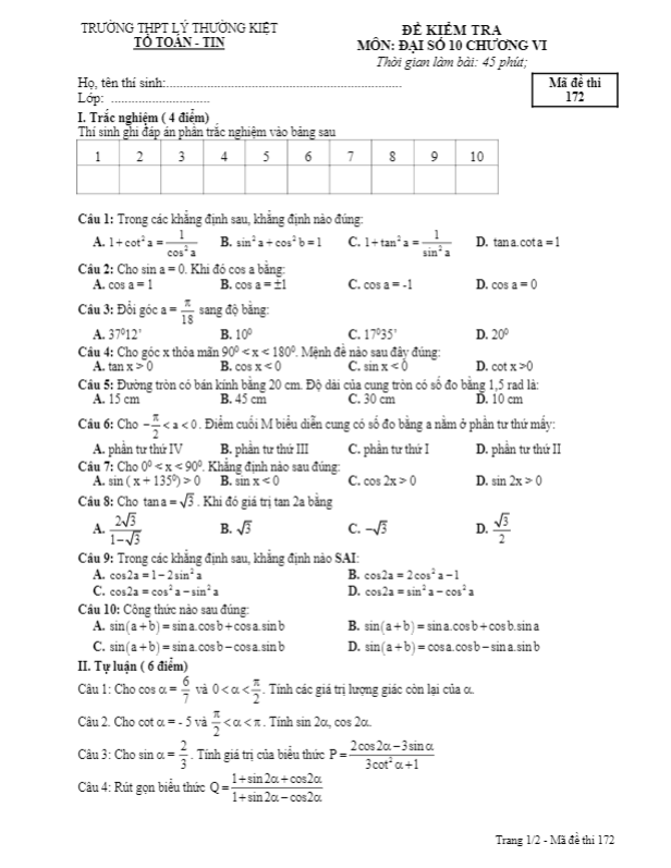 Đề kiểm tra Đại số 10 chương 6 (Công thức lượng giác) trường THPT Lý Thường Kiệt – Gia Lai