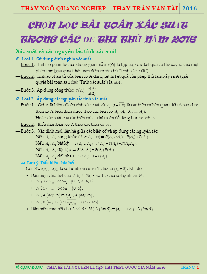 Chọn lọc bài toán xác suất trong các đề thi thử 2016 – Ngô Quang Nghiệp – Trần Văn Tài