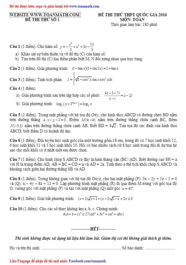 Đề thi thử THPT Quốc gia 2016 môn Toán – Toán Math biên soạn – Đề số 1