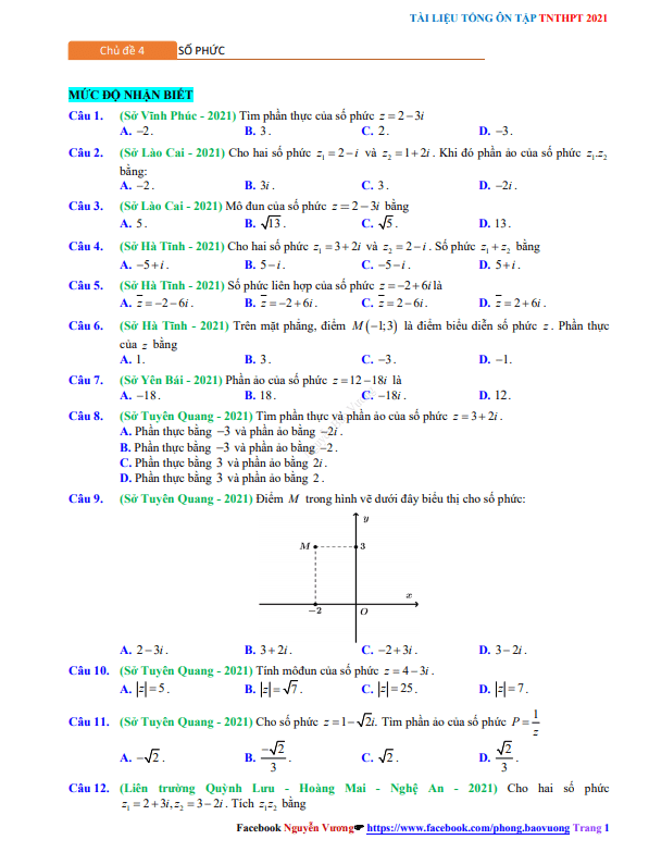 Tổng ôn tập TN THPT 2021 môn Toán: Số phức