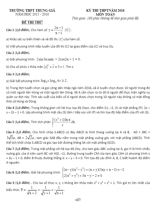 Đề thi thử Quốc gia 2016 môn Toán trường Trung Giã – Hà Nội lần 2