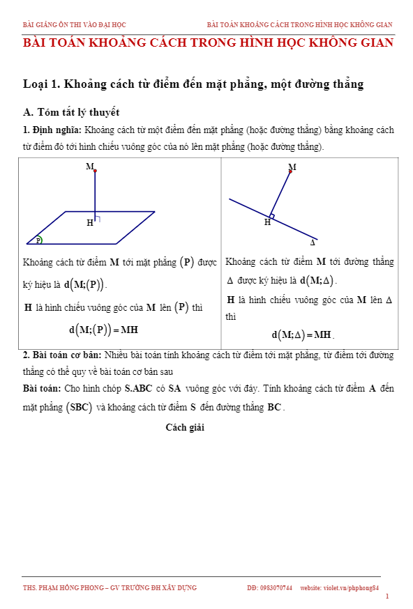 Bài toán khoảng cách trong không gian – Phạm Hồng Phong