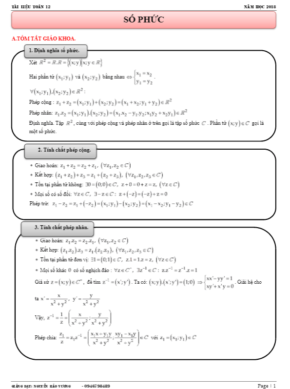 Các dạng toán và bài tập số phức có lời giải chi tiết – Nguyễn Bảo Vương