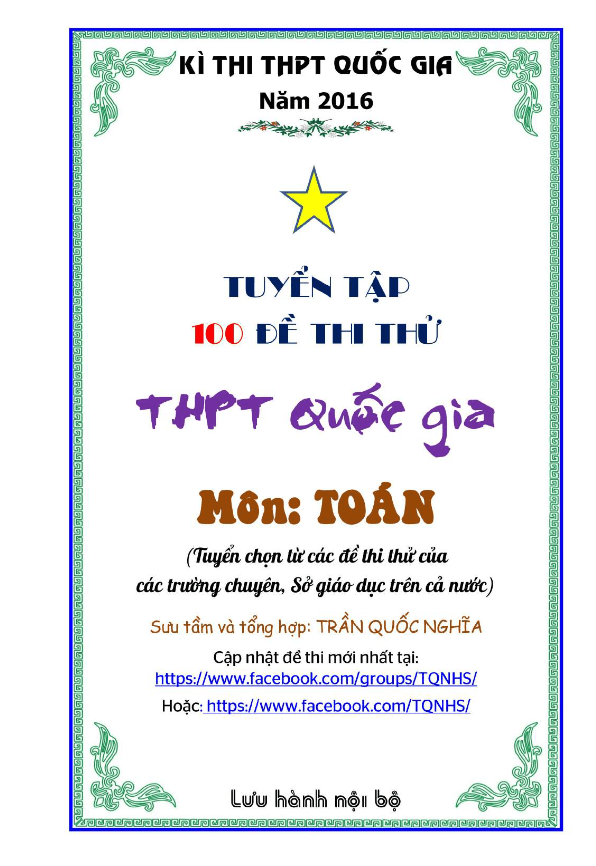 Tuyển tập 100 đề thi thử Quốc gia 2016 môn Toán của các trường THPT và sở GD – ĐT trên toàn quốc