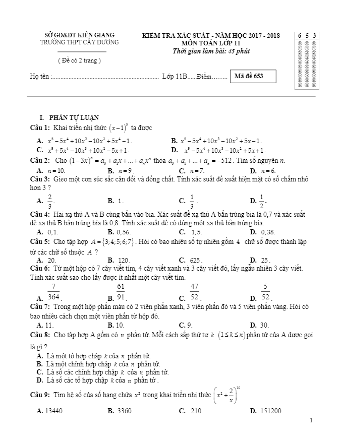 Đề kiểm tra Đại số và Giải tích 11 chương 2 (Tổ hợp – xác suất) trường THPT Cây Dương – Kiên Giang