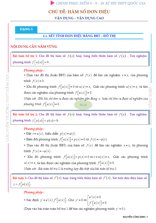 Bài toán VD – VDC tính đơn điệu của hàm số – Nguyễn Công Định
