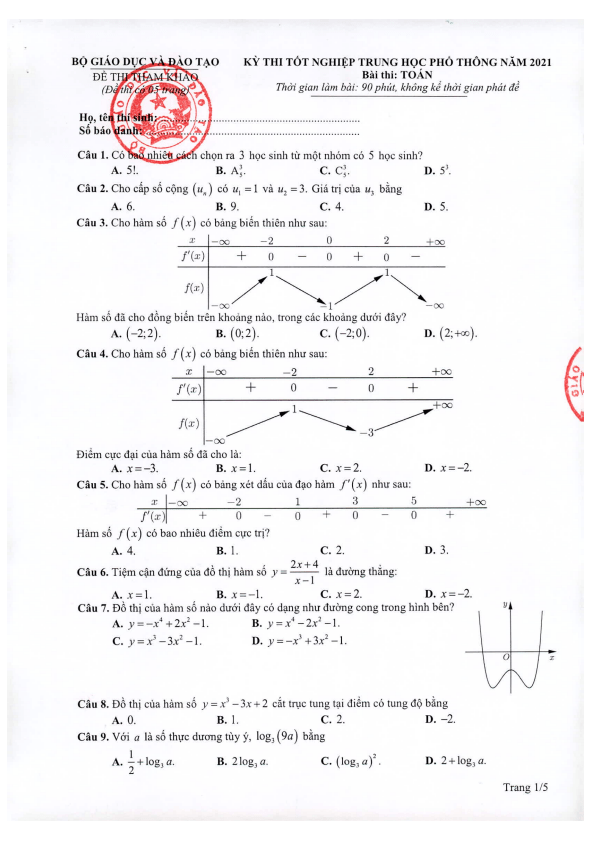 Đáp án và lời giải chi tiết đề minh họa tốt nghiệp THPT 2021 môn Toán