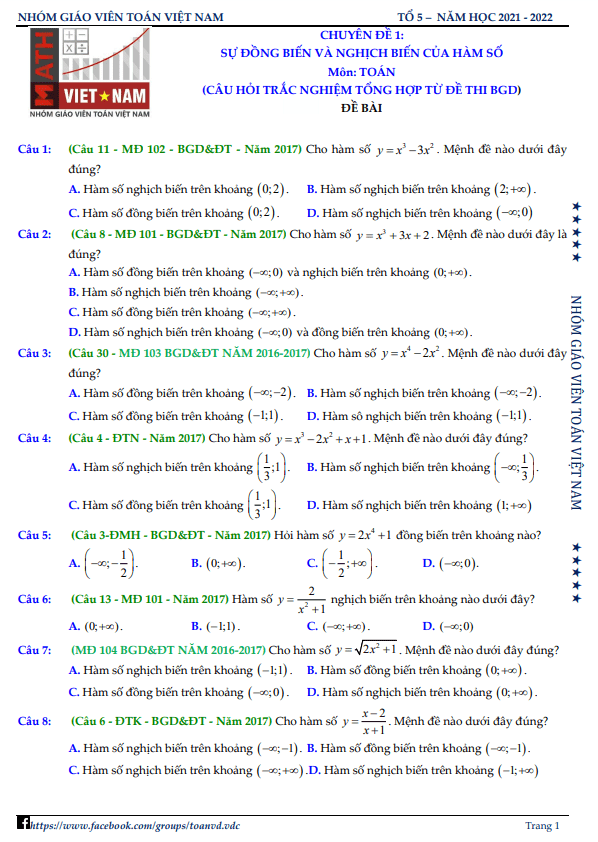 Bài toán hàm số trong đề thi THPT môn Toán của Bộ GD&ĐT (2017 – 2021)