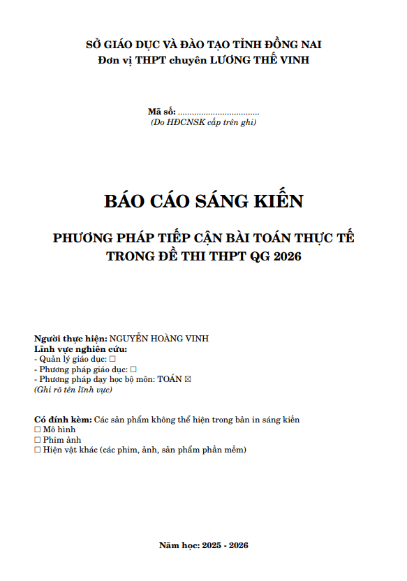 Phương pháp tiếp cận bài toán thực tế trong đề thi THPT QG 2026 môn Toán