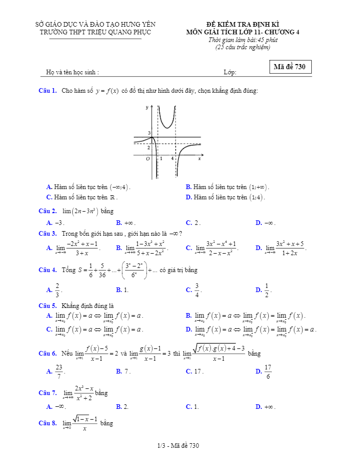 Đề kiểm tra định kỳ ĐS và GT 11 chương 4 trường Triệu Quang Phục – Hưng Yên